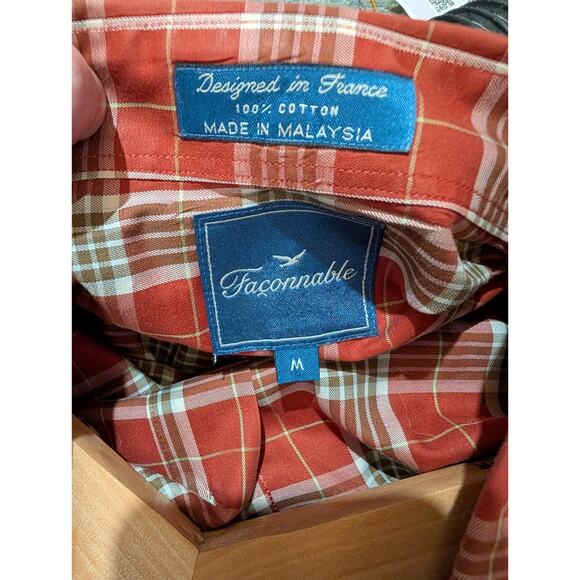 Faconnable Mens Button Up Shirt Sz M Long Sleeve Orange Brown Checked - Picture 6 of 8